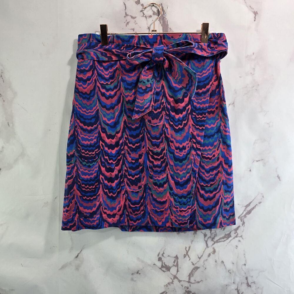 Anthropologie Porridge Skirt Women Medium Red Blue Iris Marble Tie Waist Bow